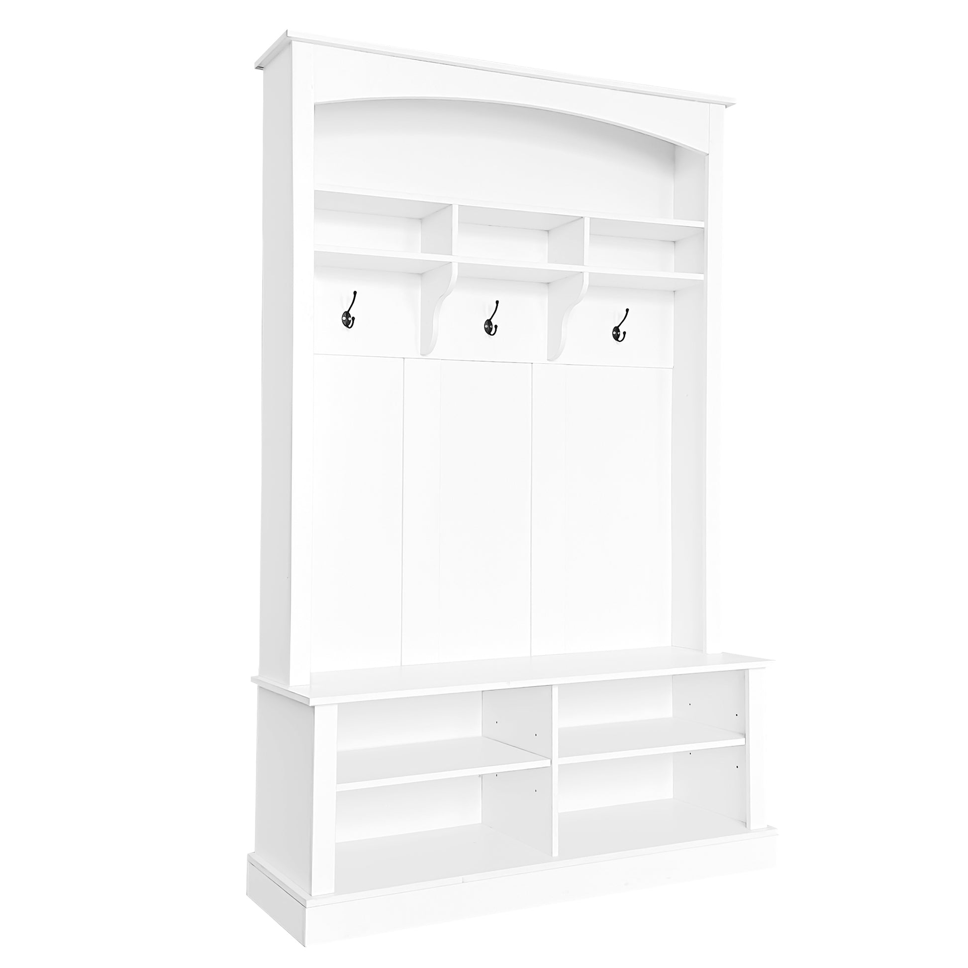 White entryway hall tree with storage shelves and hooks