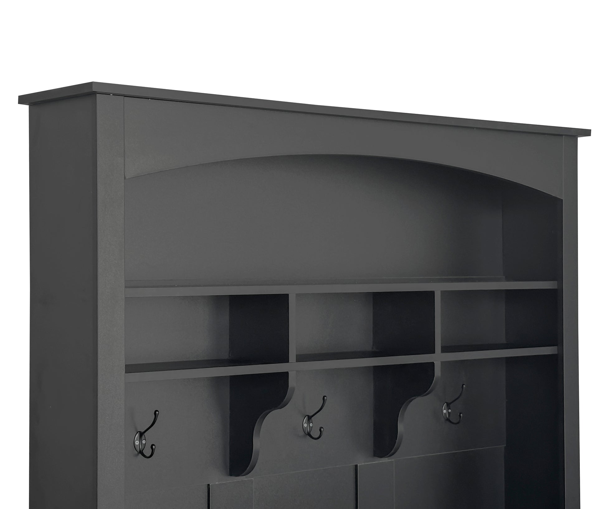 Dark grey hall tree with open shelves and three metal coat hooks