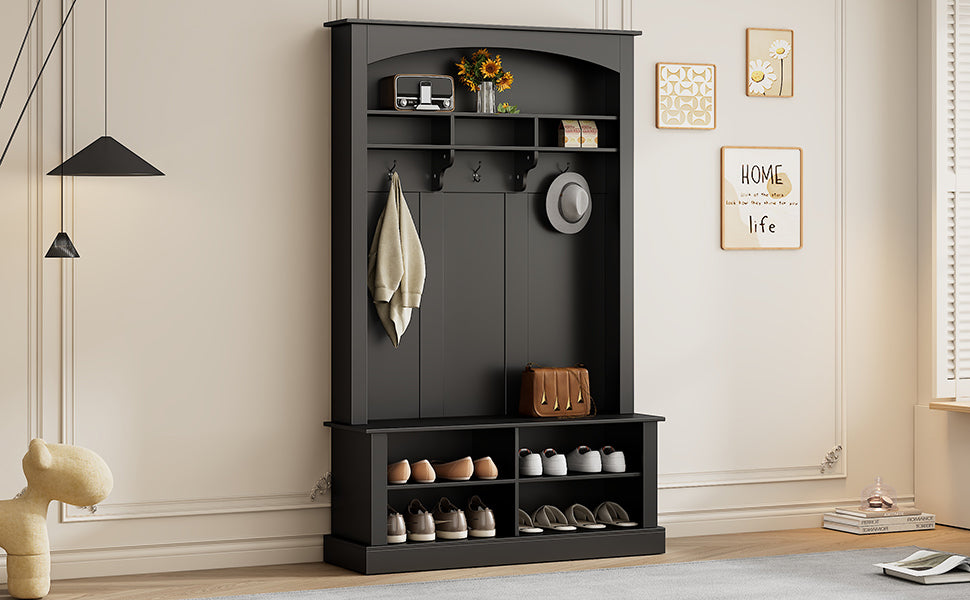 Dark gray hall tree with open shelves and coat hooks