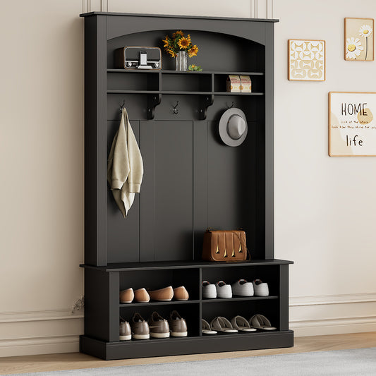 Black entryway hall tree with shoe storage bench and coat hooks