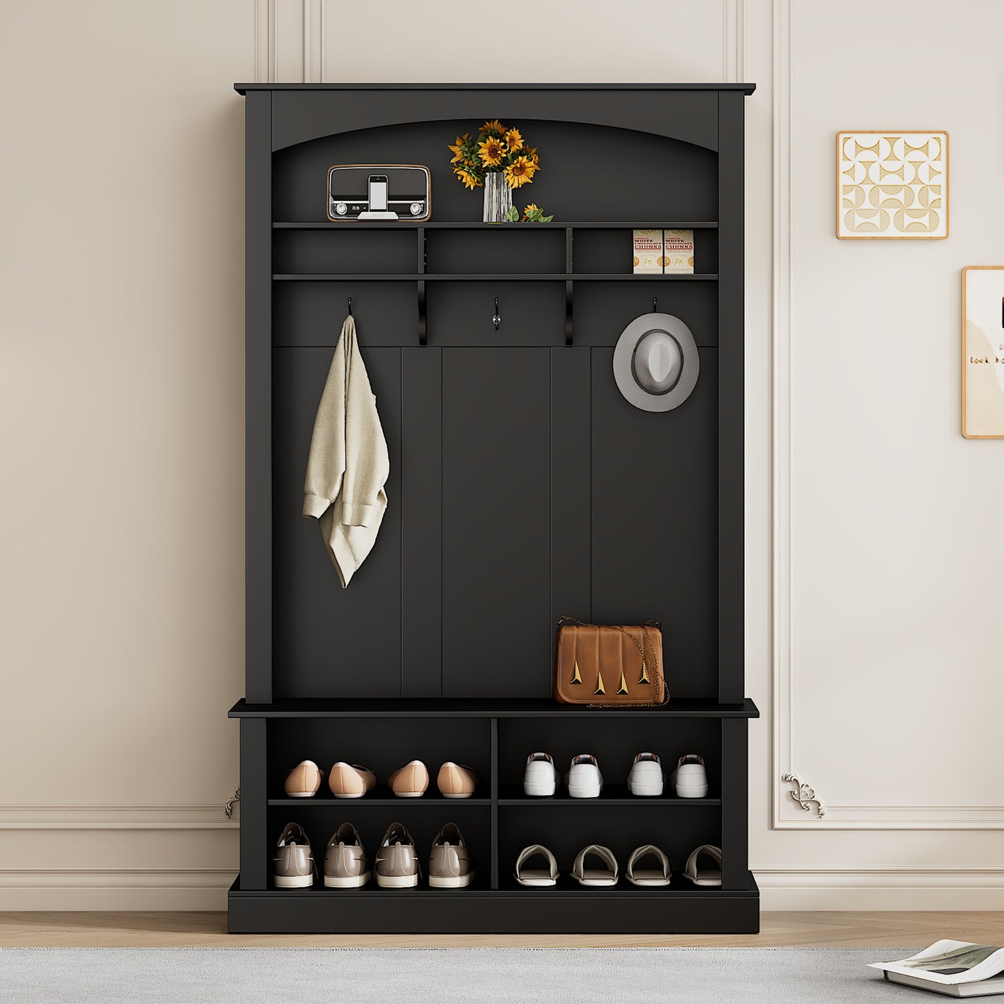Black entryway hall tree with shoe storage