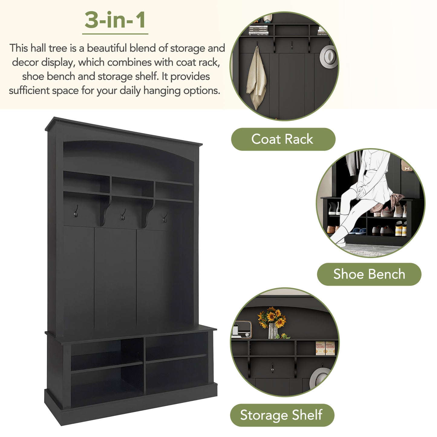 Black wood hall tree with coat rack cubbies and shoe bench for entryway organization