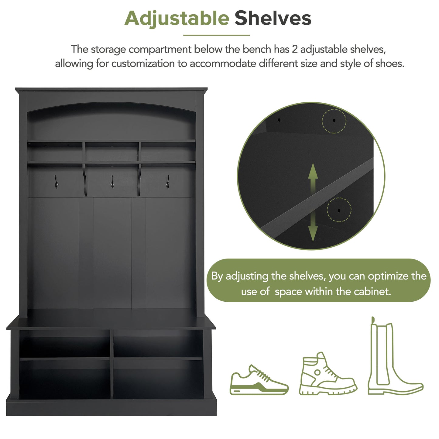 Dark gray storage bench with arched hutch and adjustable shelves for shoes