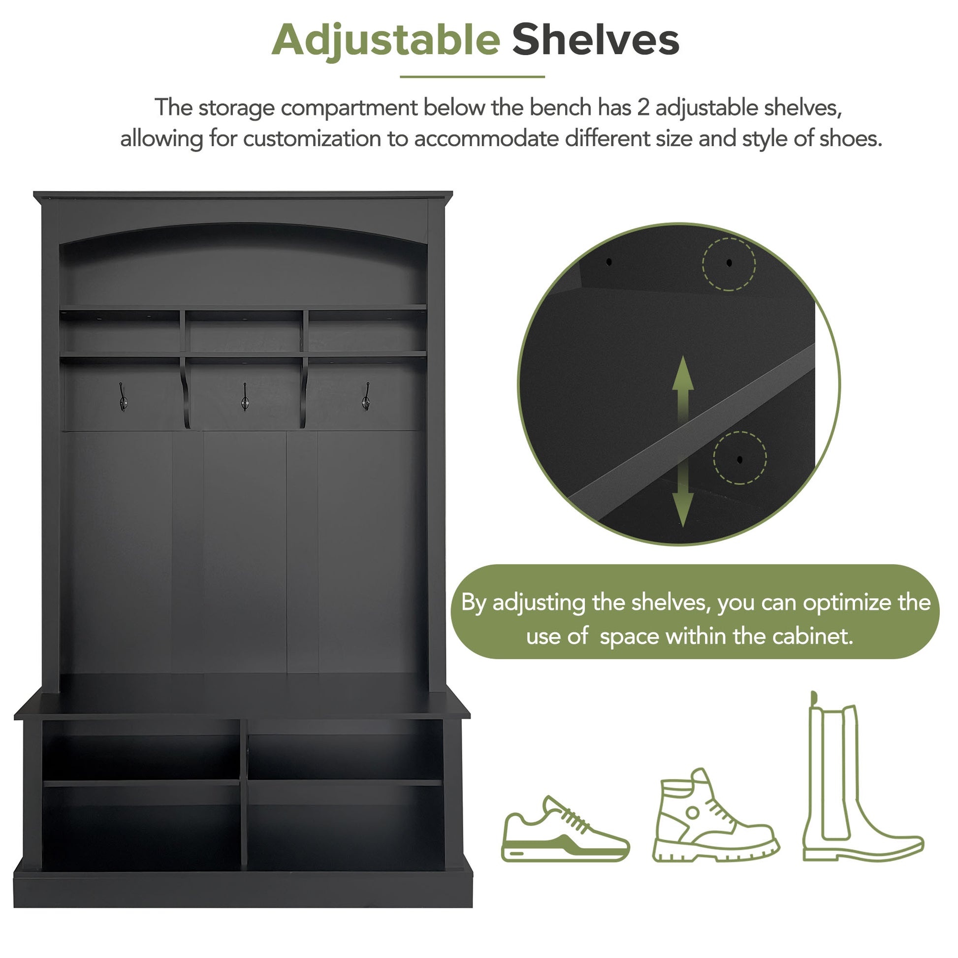 Dark gray storage bench with arched hutch and adjustable shelves for shoes