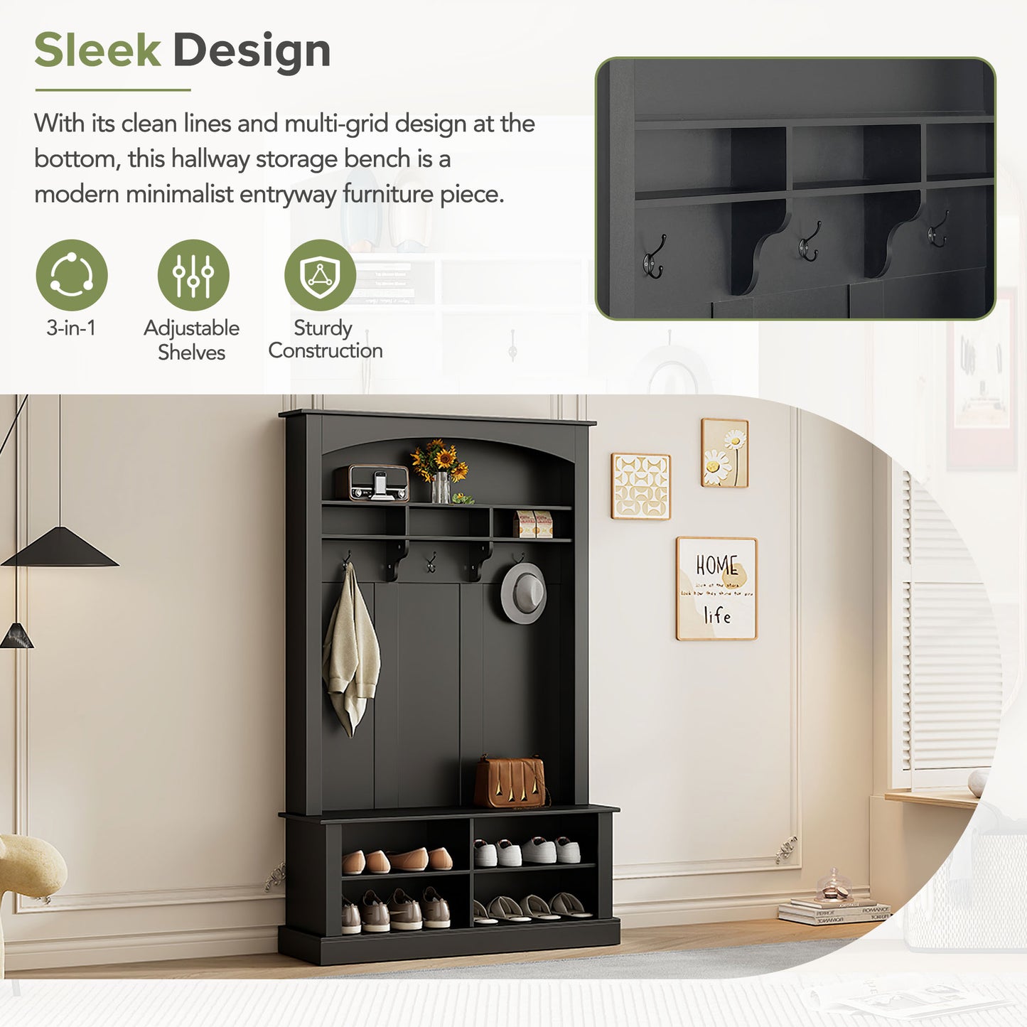Black entryway hall tree with coat hooks and a shoe storage bench