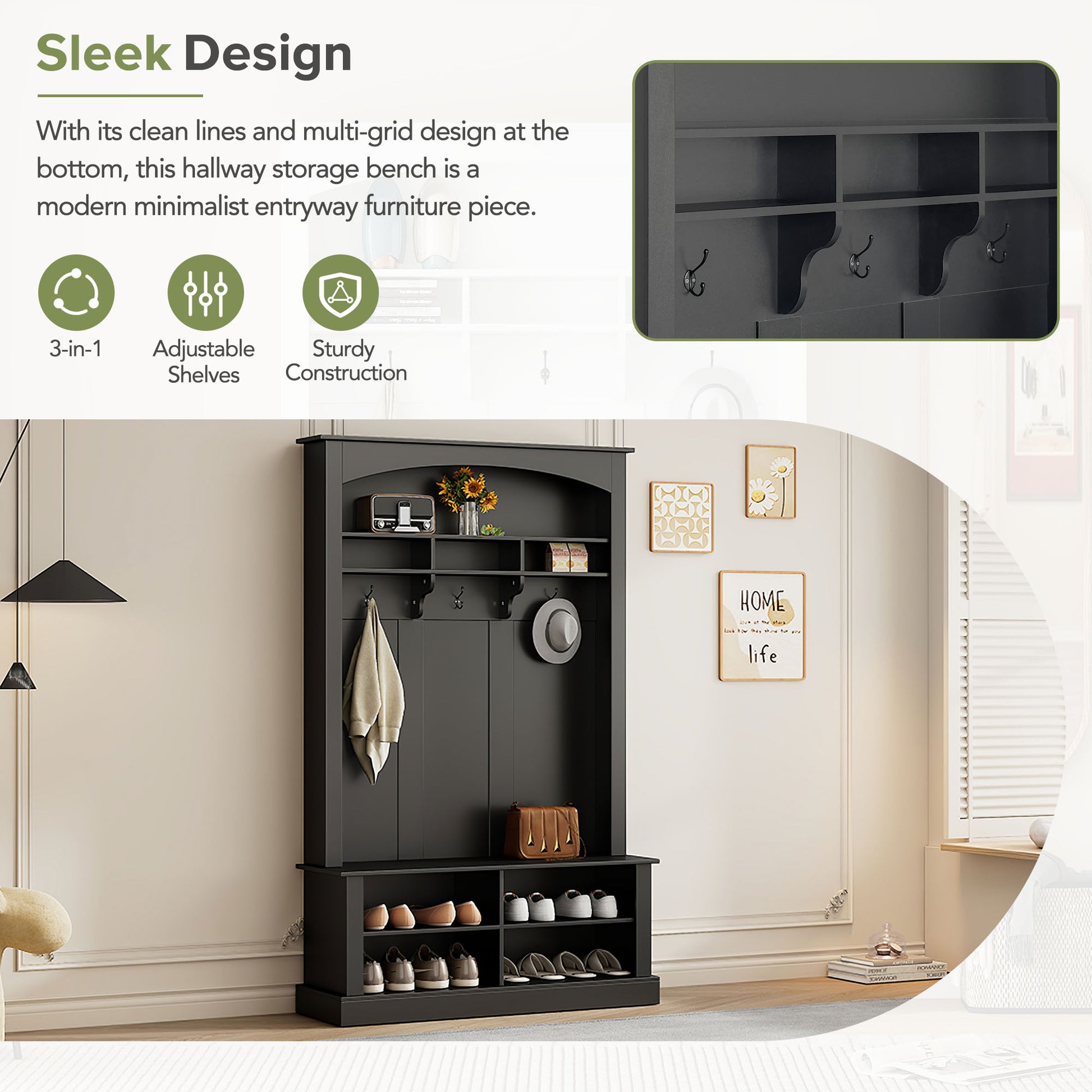 Black entryway hall tree with coat hooks and a shoe storage bench