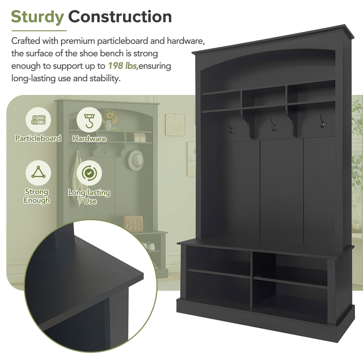 Black particleboard hall tree with four coat hooks and open shelving