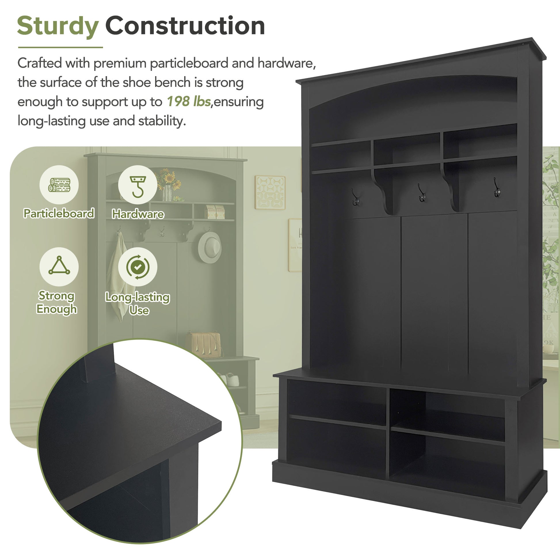 Black particleboard hall tree with four coat hooks and open shelving
