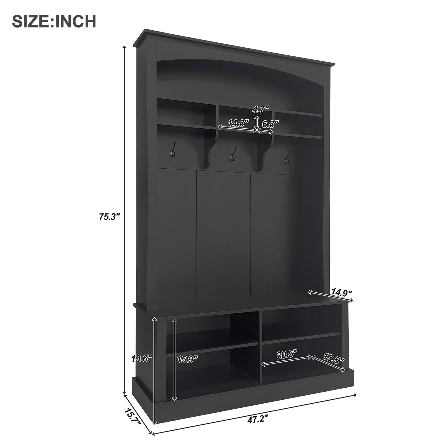 Tall black hall tree with shoe storage and coat hooks
