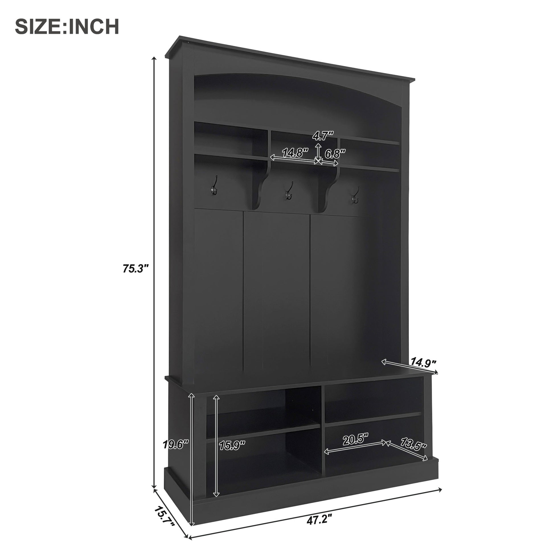 Tall black hall tree with shoe storage and coat hooks