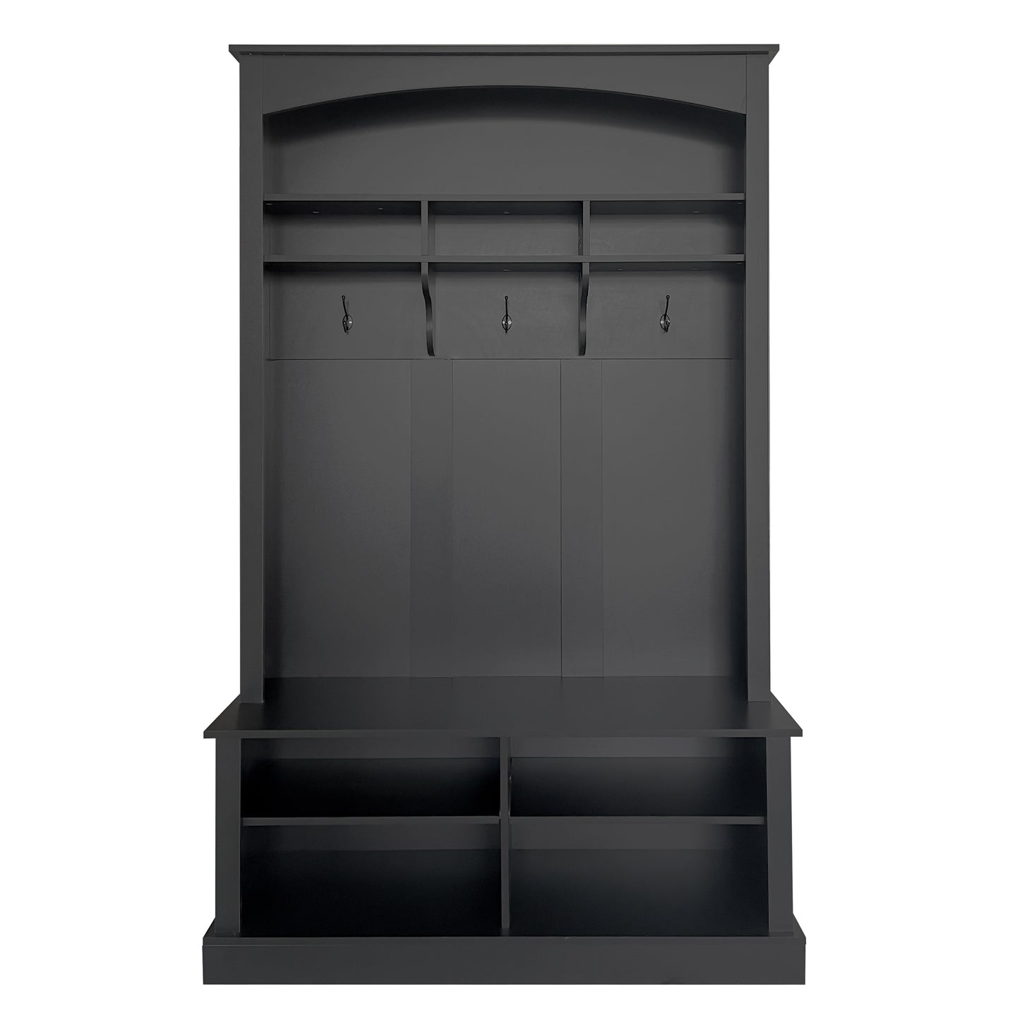 Dark grey hall tree with three coat hooks and shoe cubbies