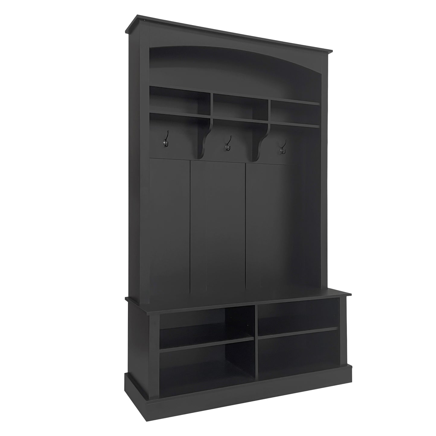 Black entryway hall tree with three cabinet doors and shoe storage