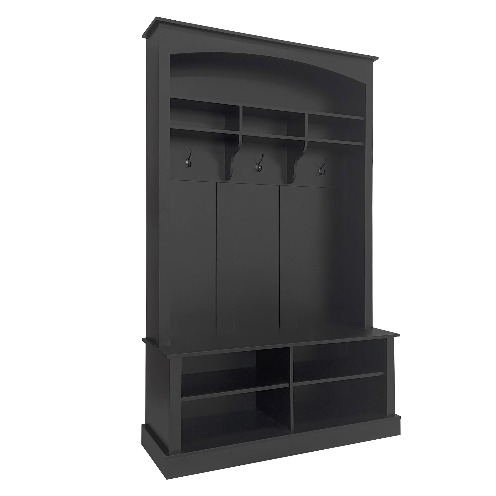 Black entryway hall tree with three cabinet doors and shoe storage