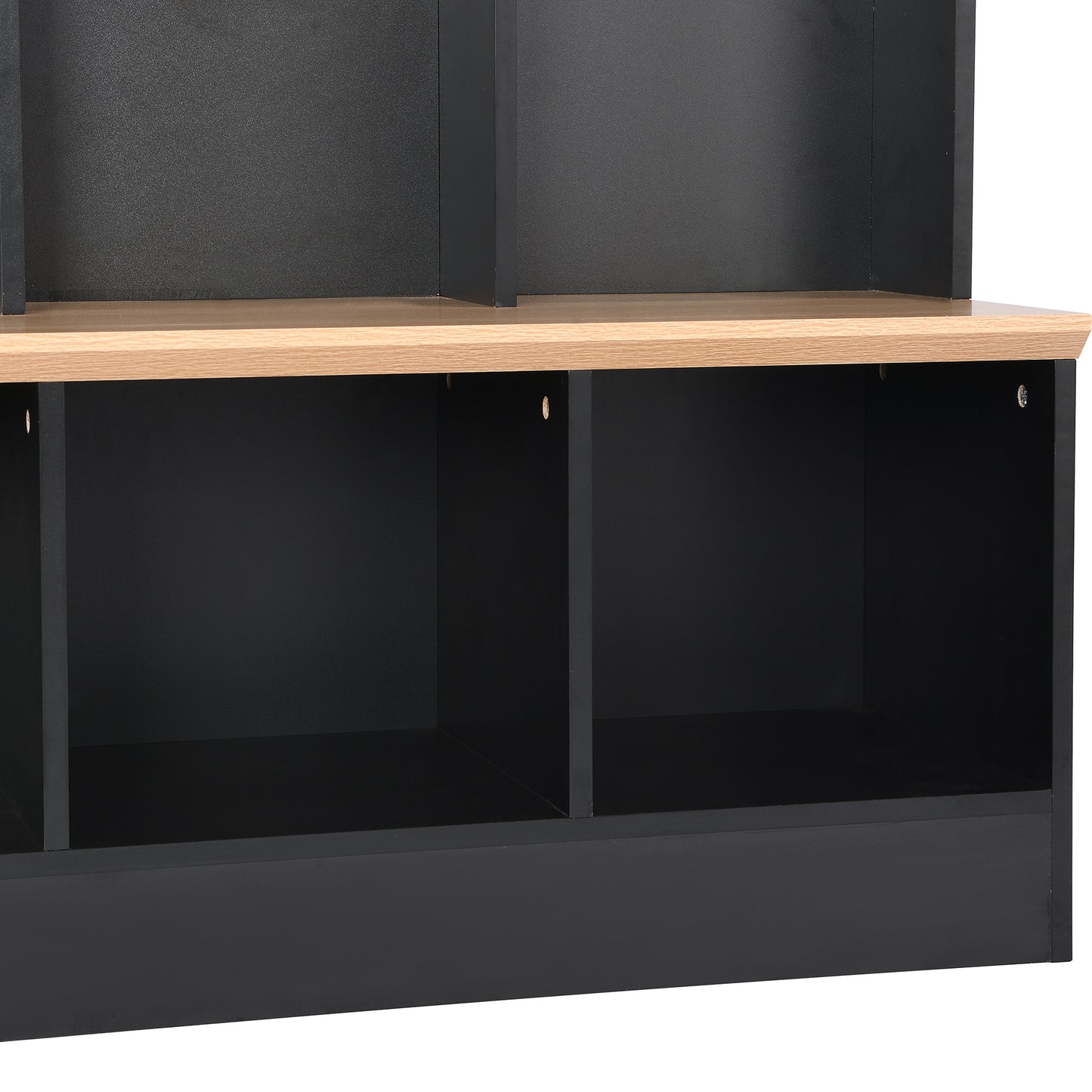 Black and natural wood finish modern entryway bench with cubbies