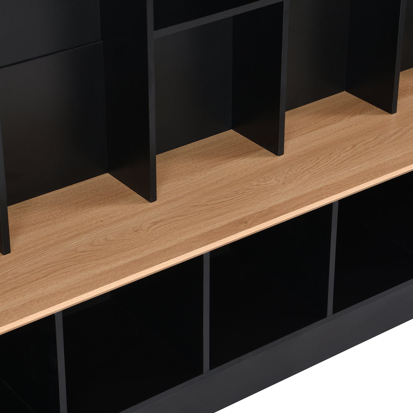 Black particleboard shelving unit with oakeffect shelves