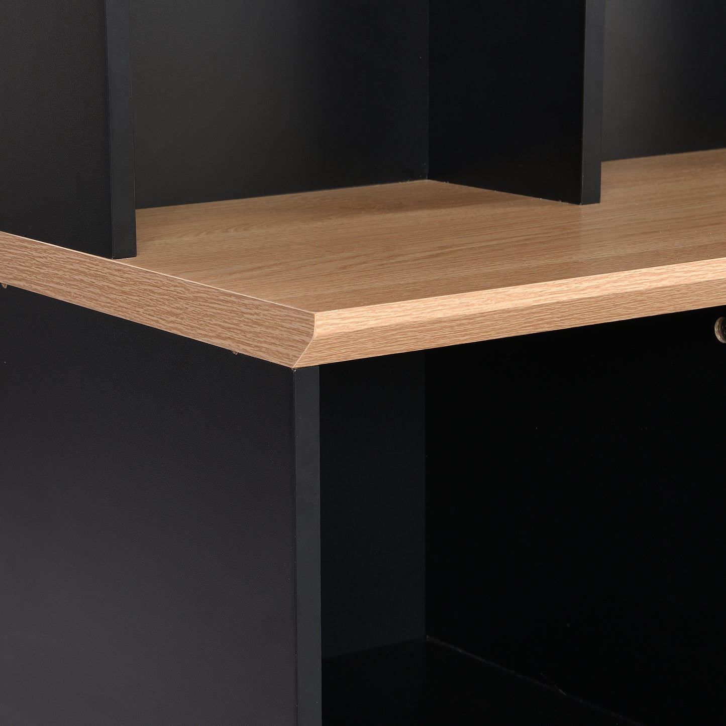 Black and oak wood modular bookshelf corner detail
