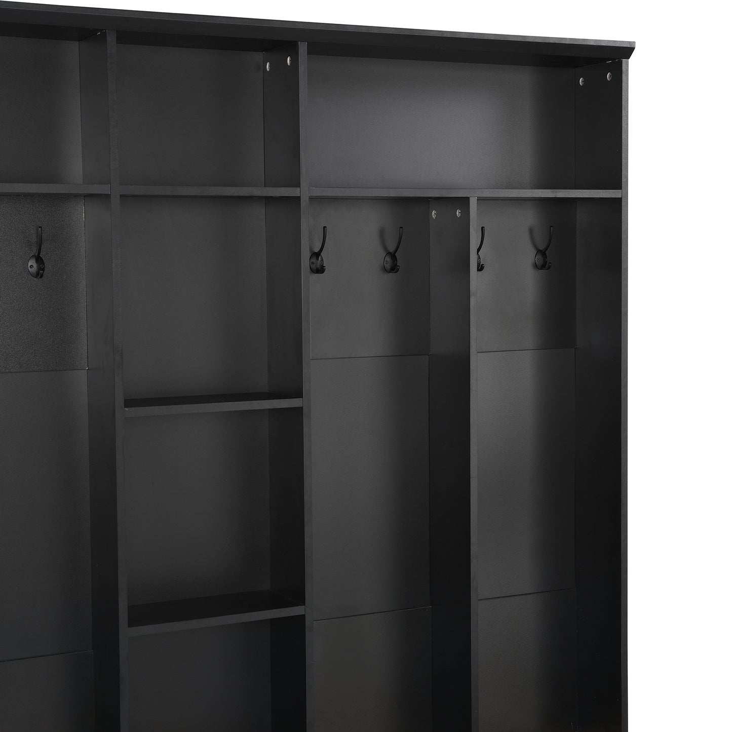 Black modern entryway organizer with coat hooks and shelves