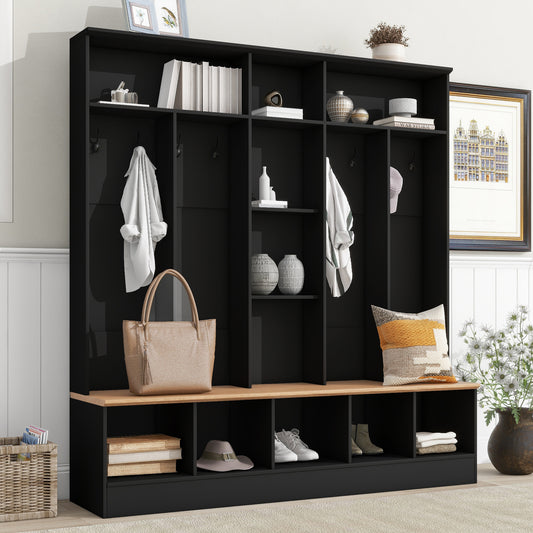Black entryway bench with coat hooks and cubbies