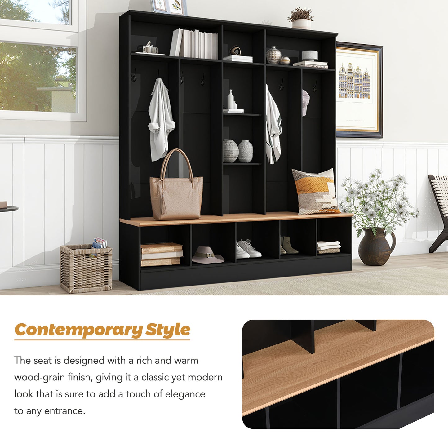 Black wood entryway bench with coat hooks and shoe storage compartments