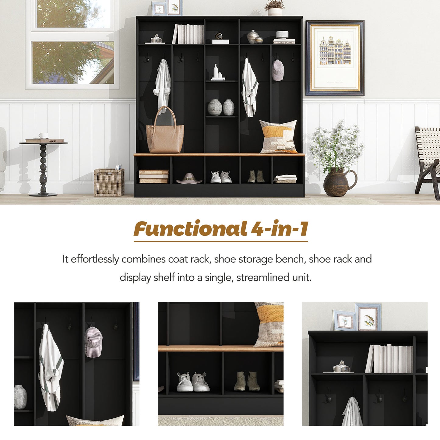 Black entryway organizer with coat rack and shoe storage bench