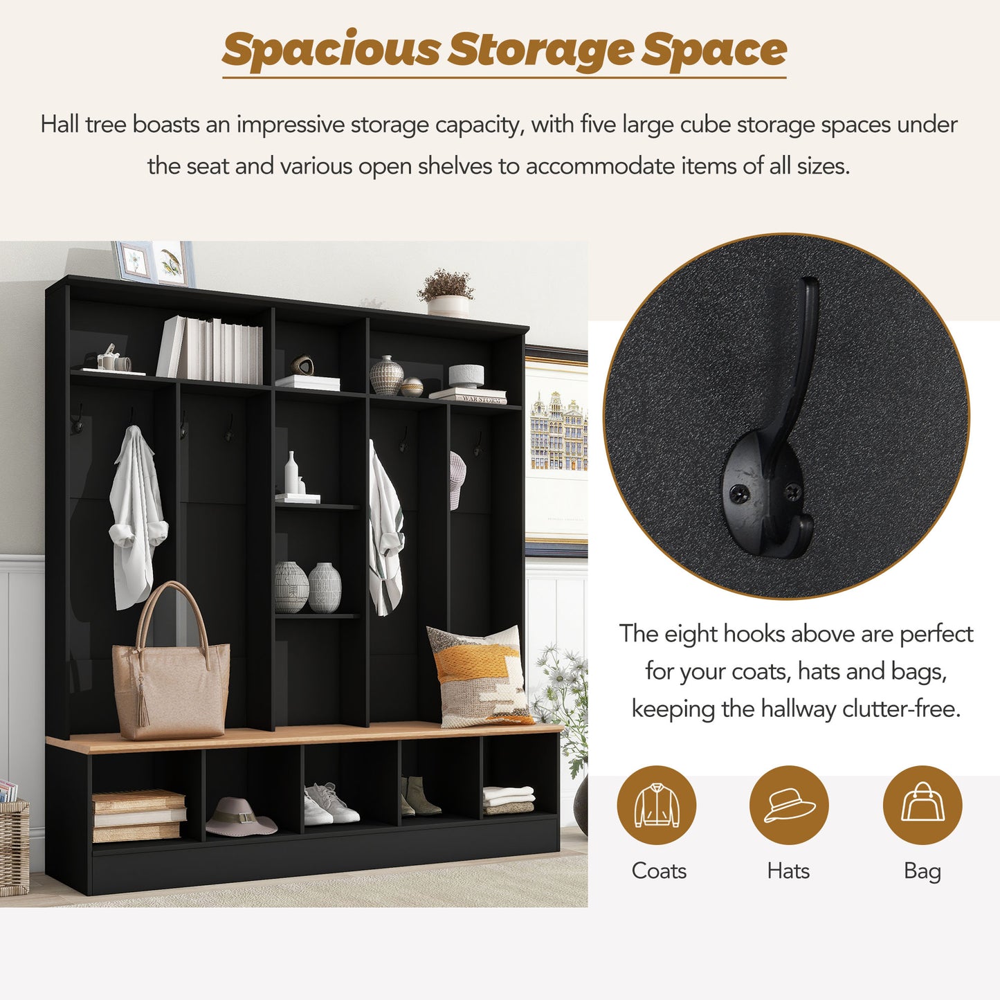 Black hall tree with spacious cube storage and bench for entryway organization