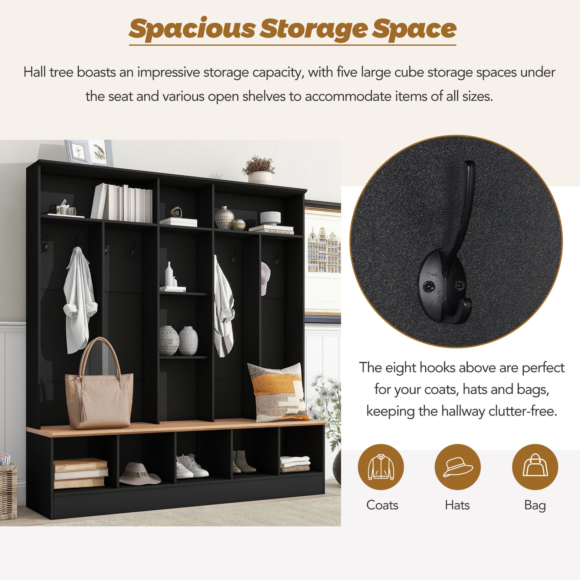 Black hall tree with spacious cube storage and bench for entryway organization