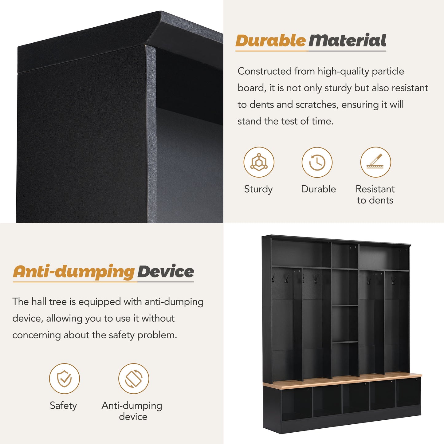 Black particle board hall tree with coat hooks and storage cubbies