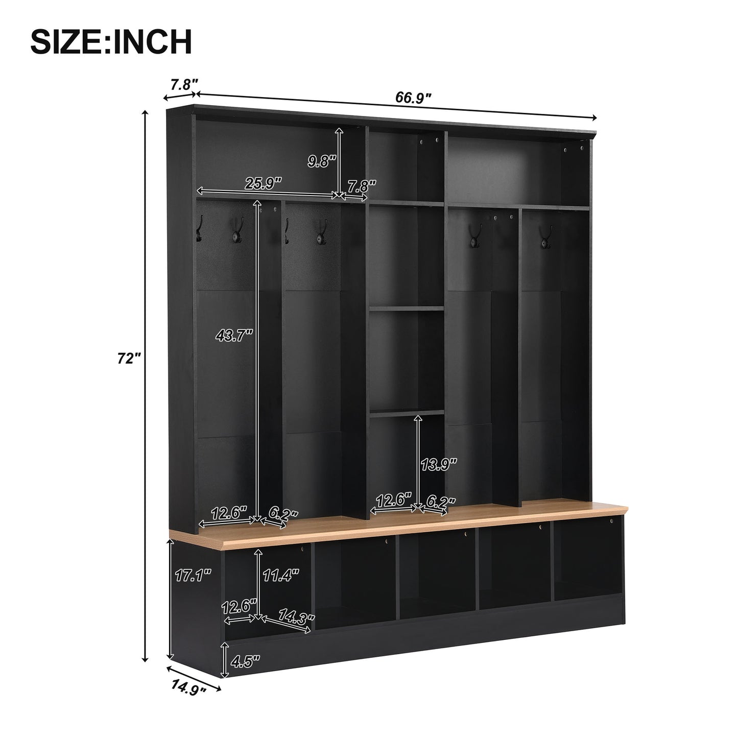 Black entryway organizer with coat hooks and cubbies