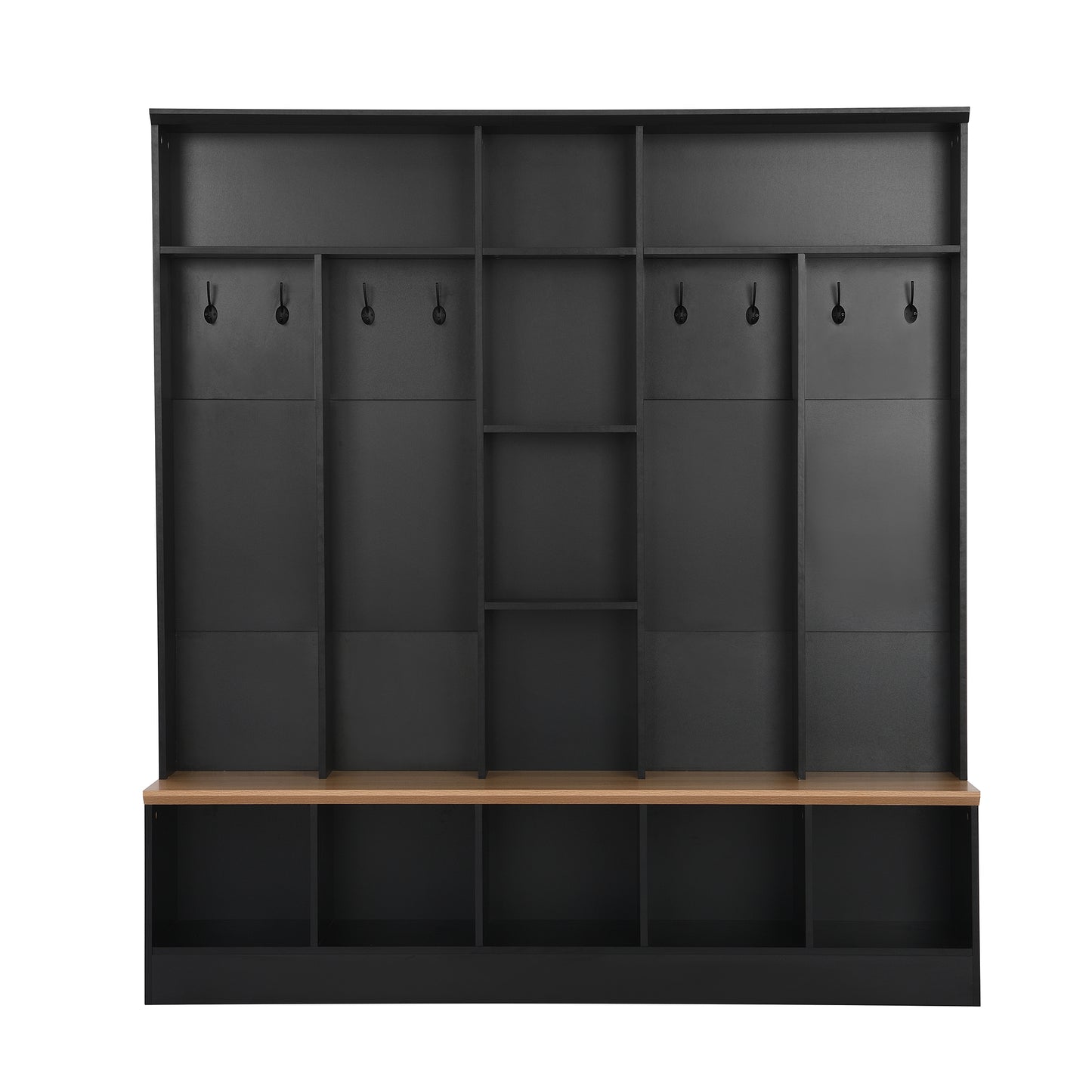 Modern black entryway organizer with wood bench and multiple hooks