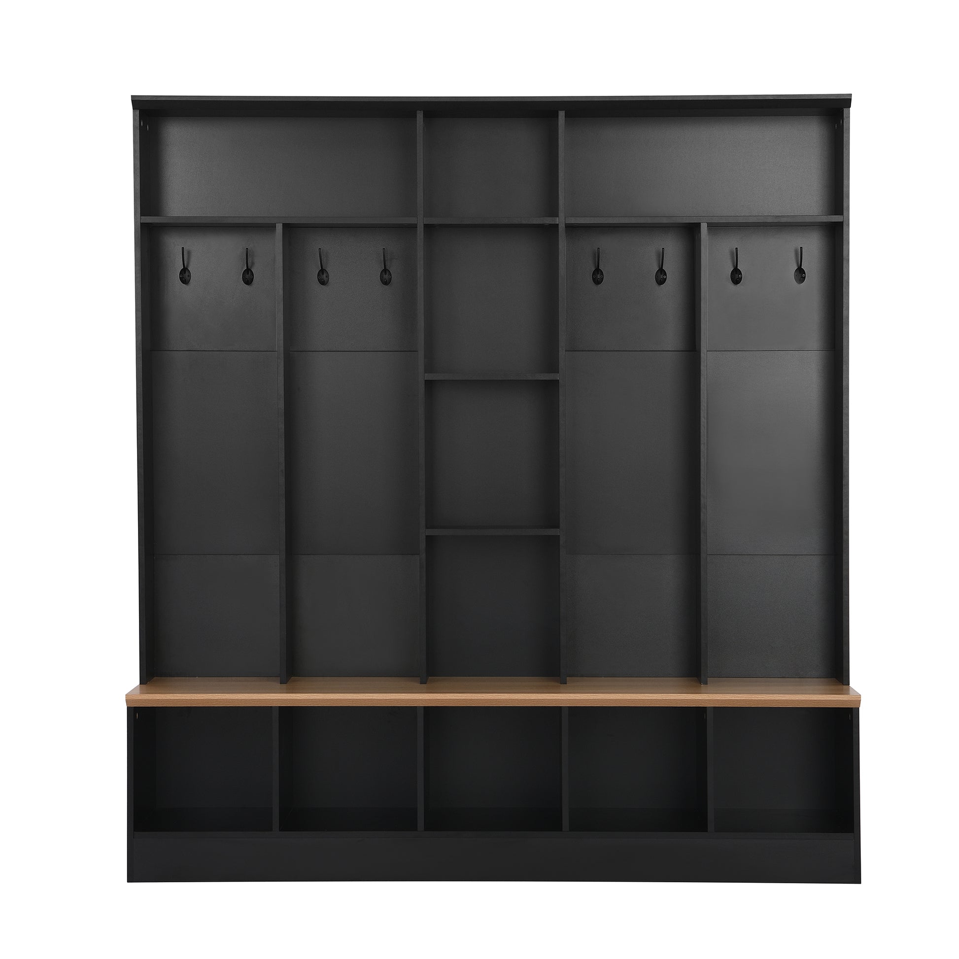 Modern black entryway organizer with wood bench and multiple hooks