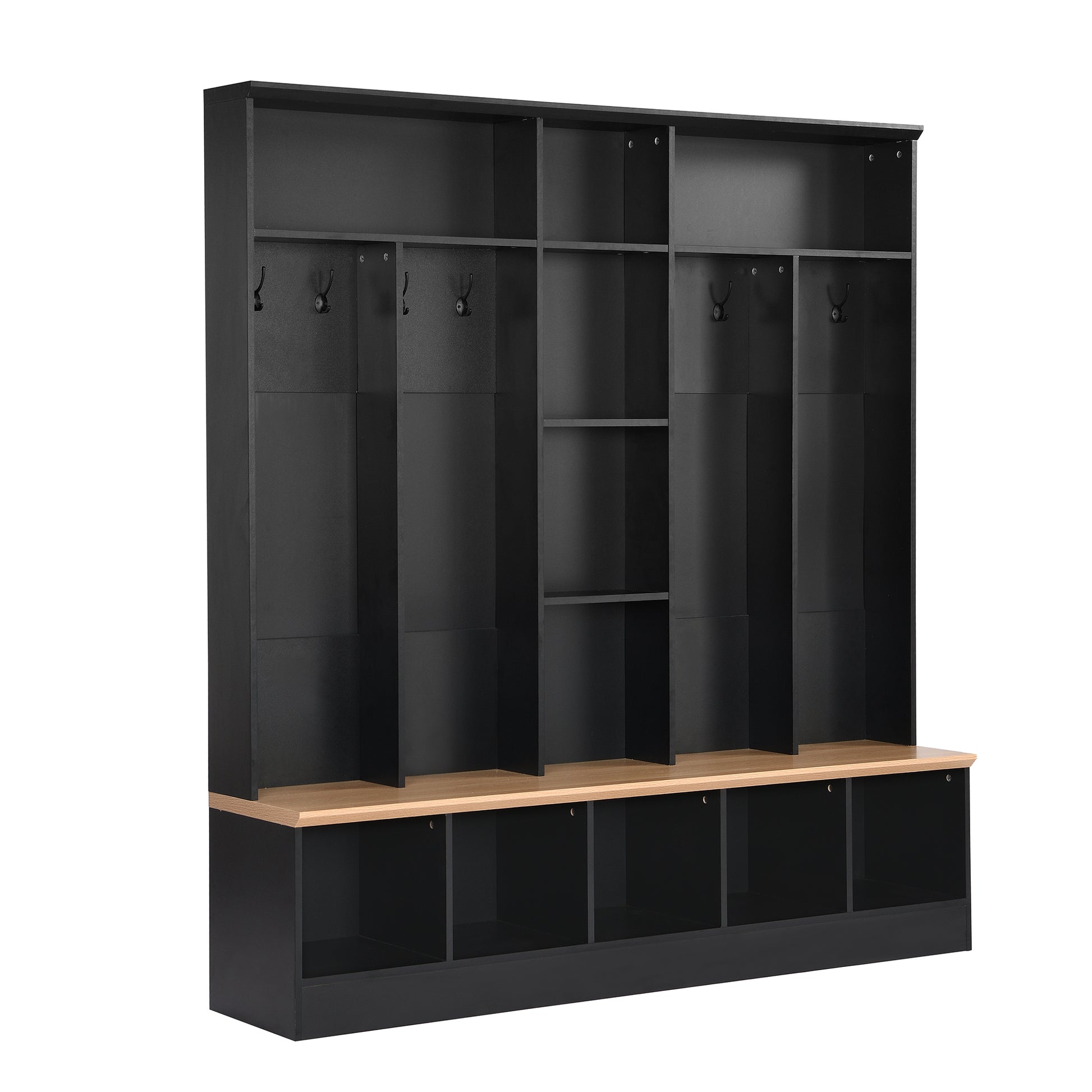 Modern black hall tree with cubbies and coat hooks for entryway organization
