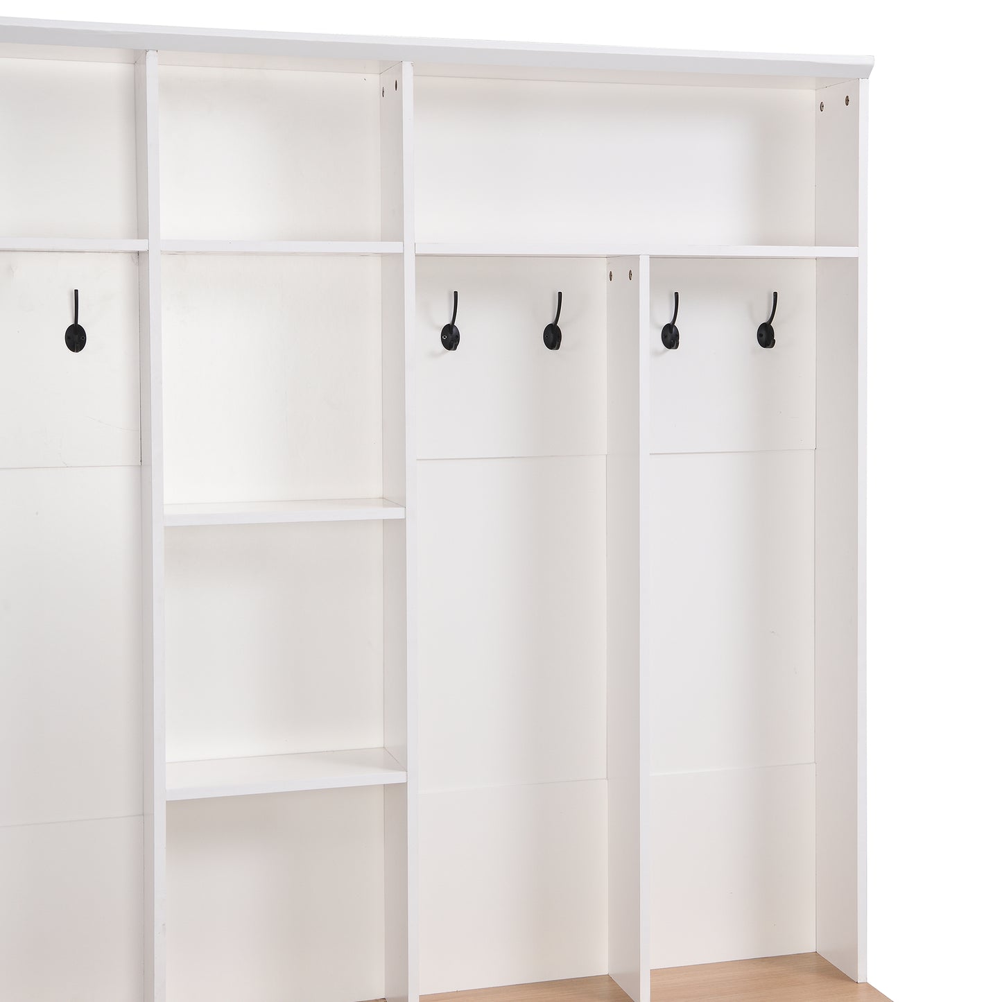 White entryway organizer with shelves and coat hooks