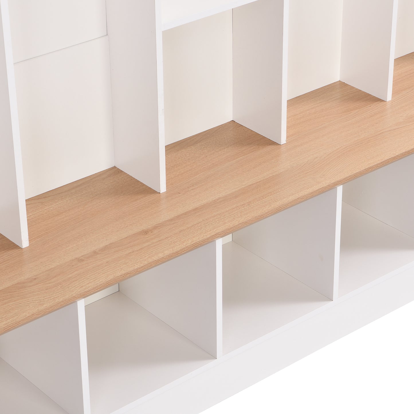 White and wood storage bench with cubbies