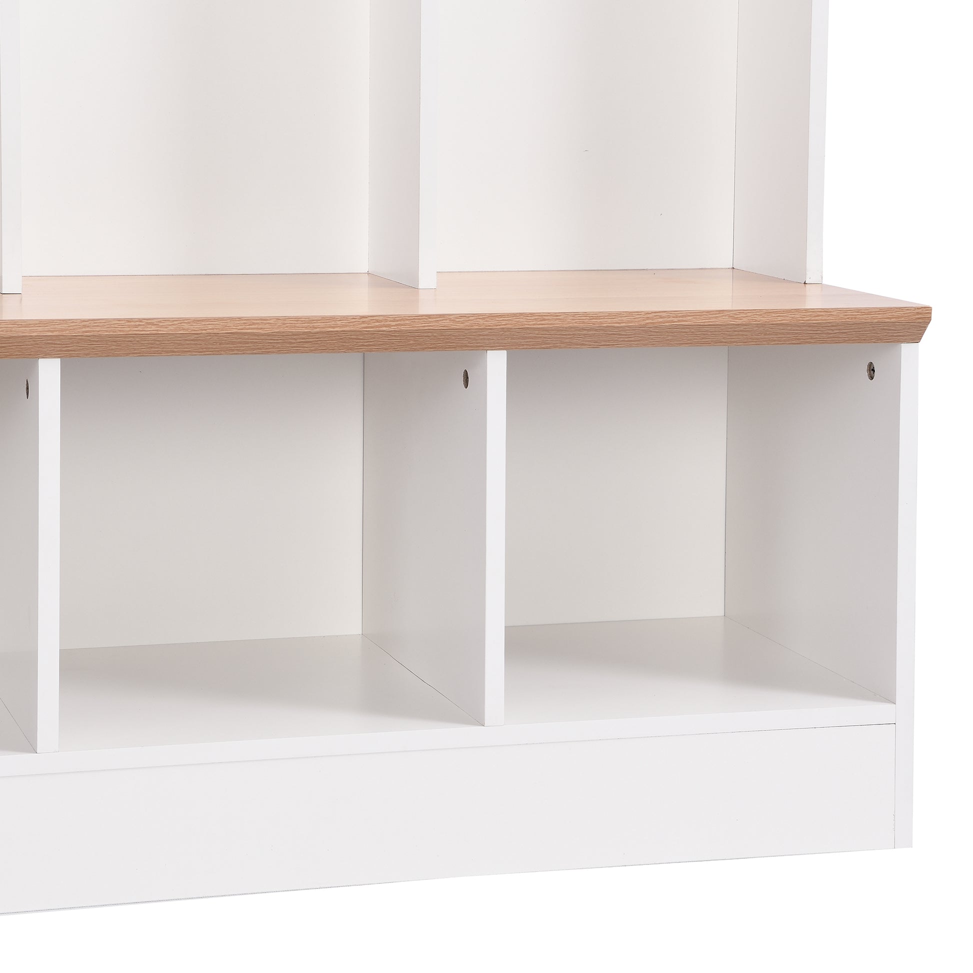 White shoe bench with oak wood top and three cubbies