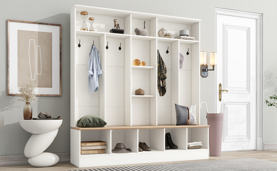 Modern white hall tree with coat hooks and shoe storage