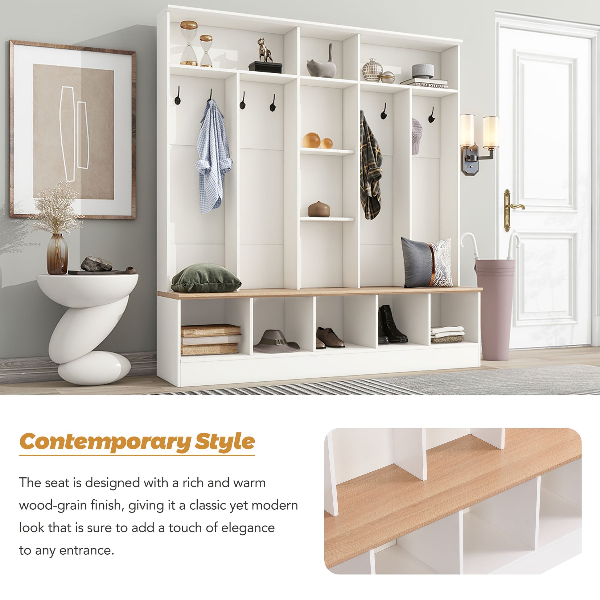 White hall tree with wood grain seat and multiple cubbies