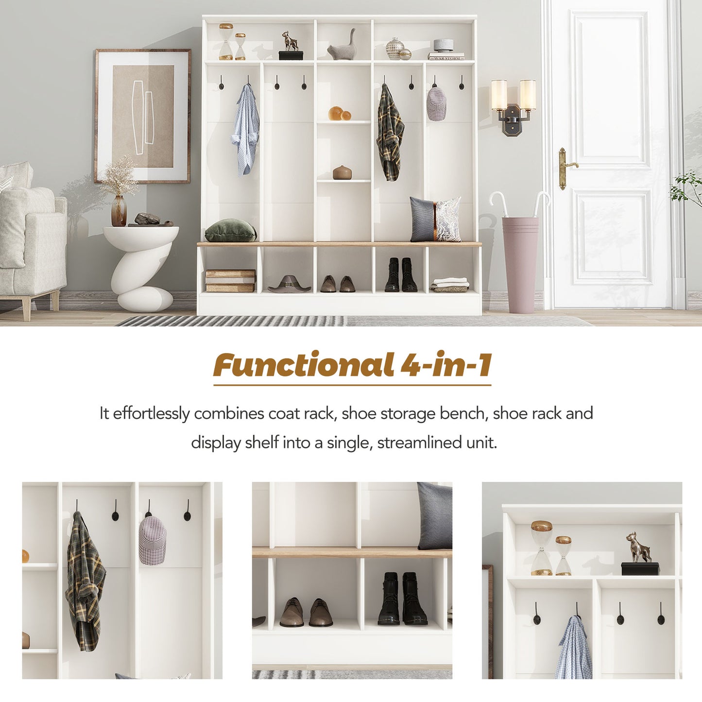 White entryway storage bench with coat hooks and shoe cubbies