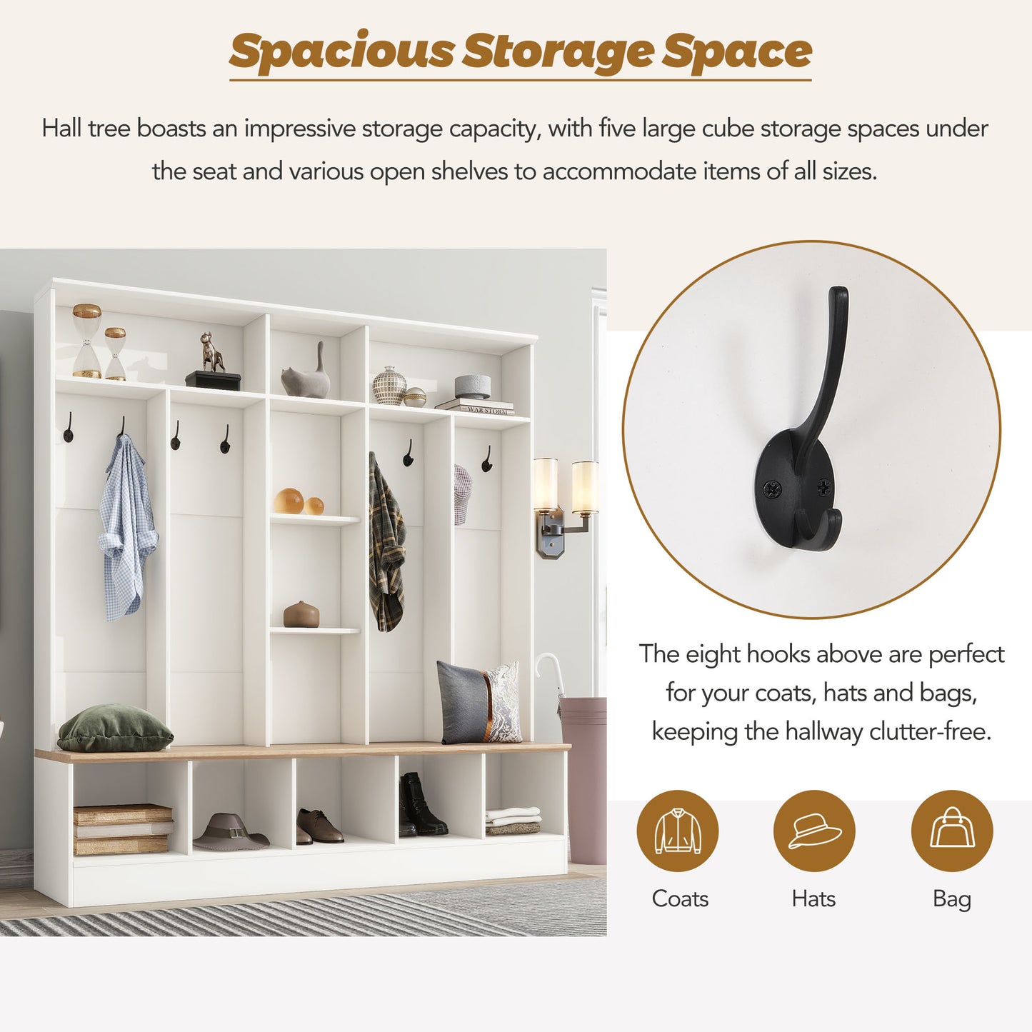 White hall tree with builtin bench and cube storage for entryway organization