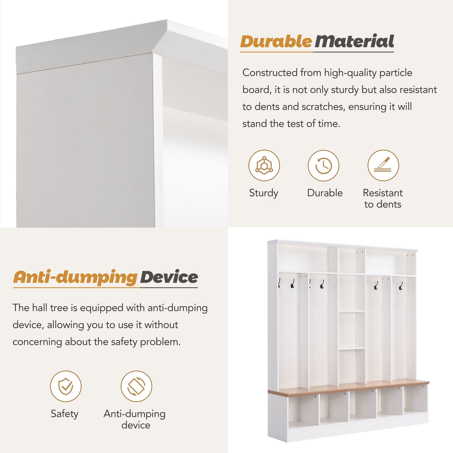 White particle board hall tree with hooks and bench