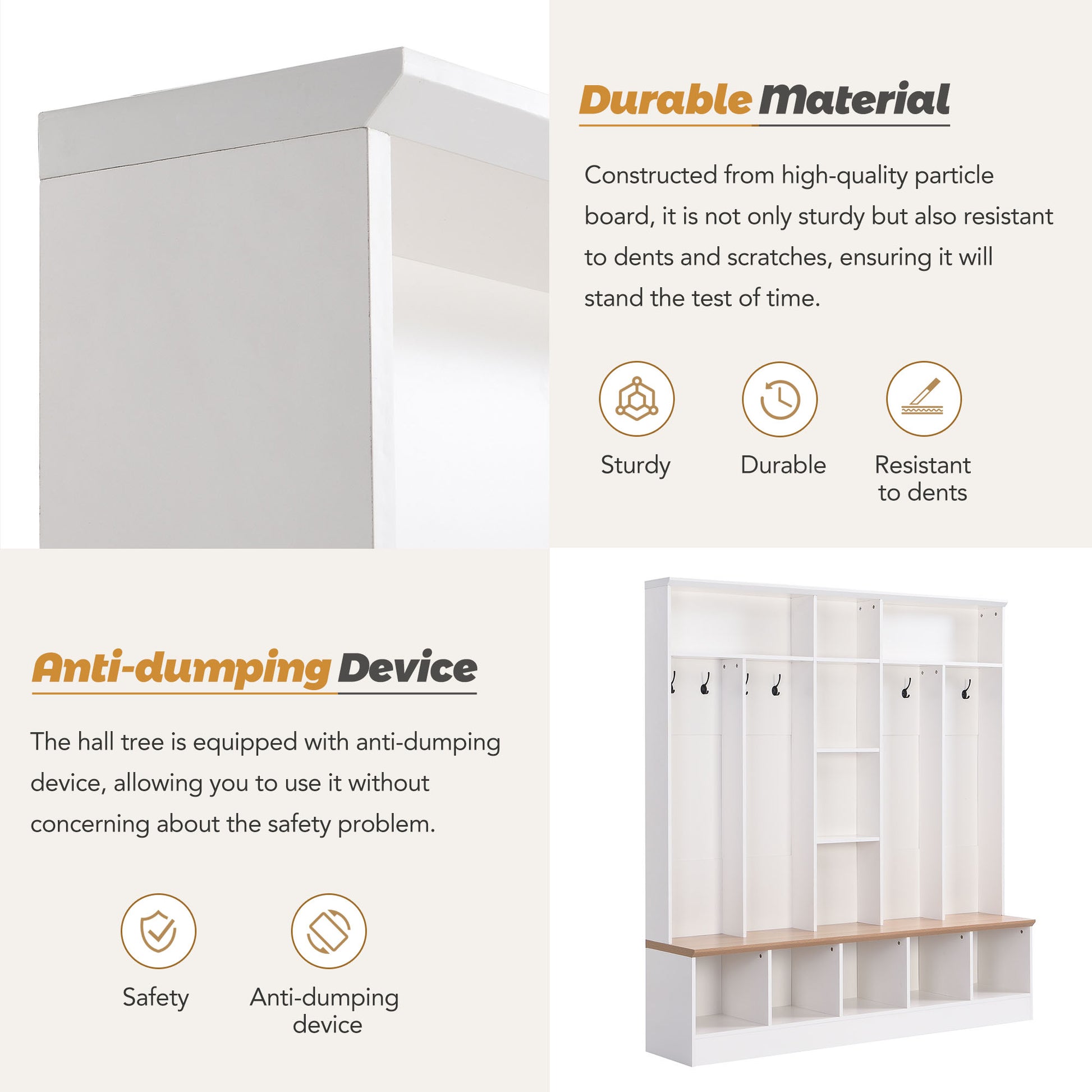 White particle board hall tree with hooks and bench
