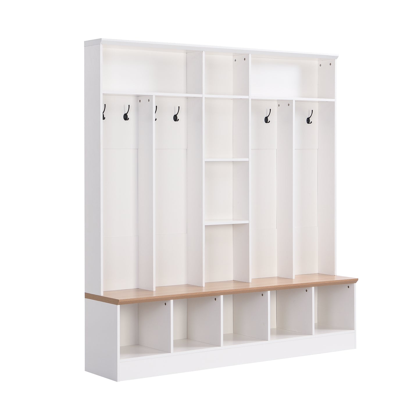 White hall tree with multiple cubbies and black hooks