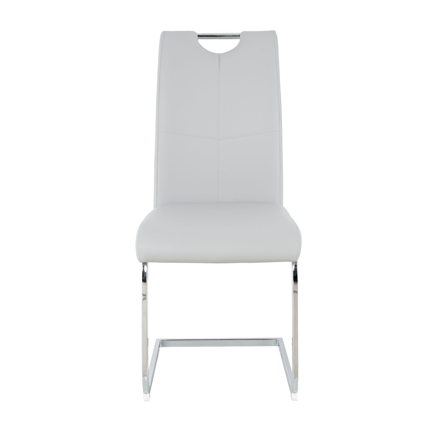 Light grey faux leather dining chair with chrome legs and integrated back handle