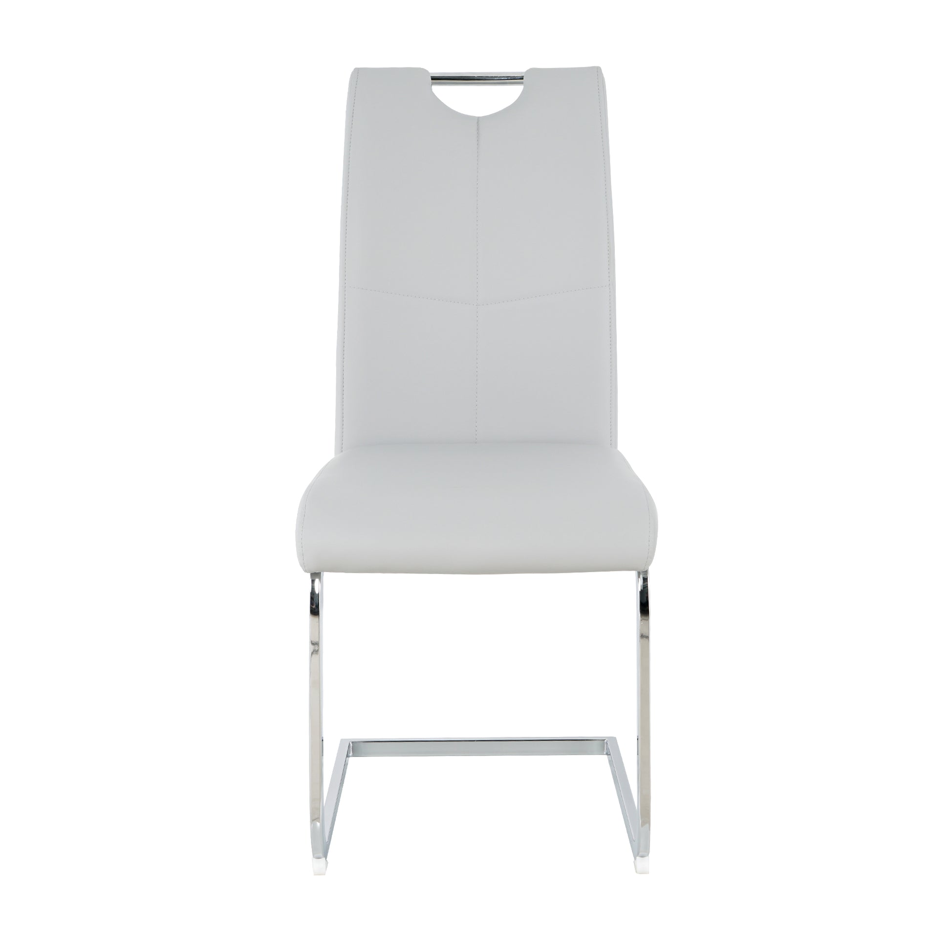 Light grey faux leather dining chair with chrome legs and integrated back handle