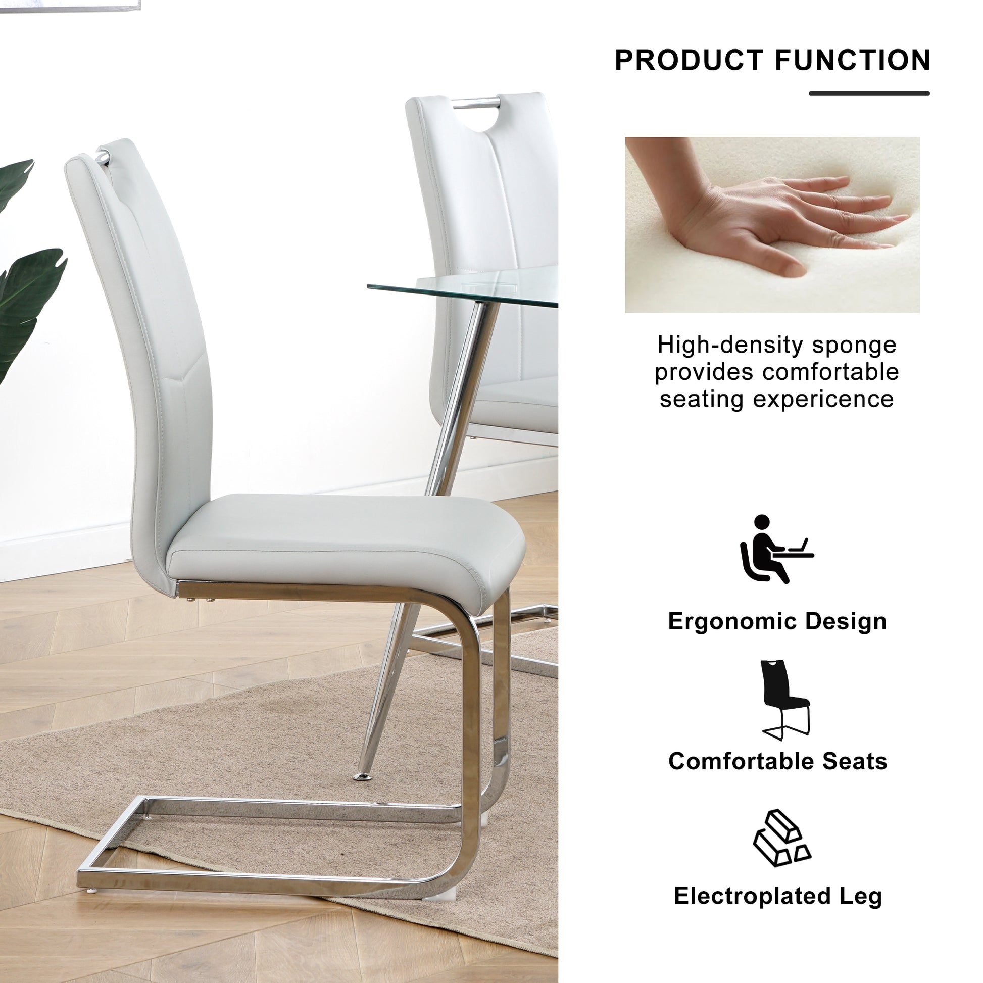 Light grey faux leather dining chair with chrome sled base