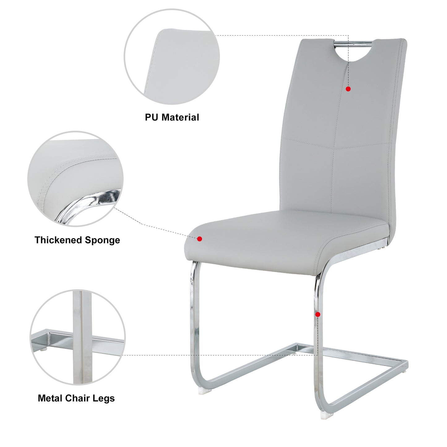 Light gray PU leather dining chair with sleek chrome sled legs