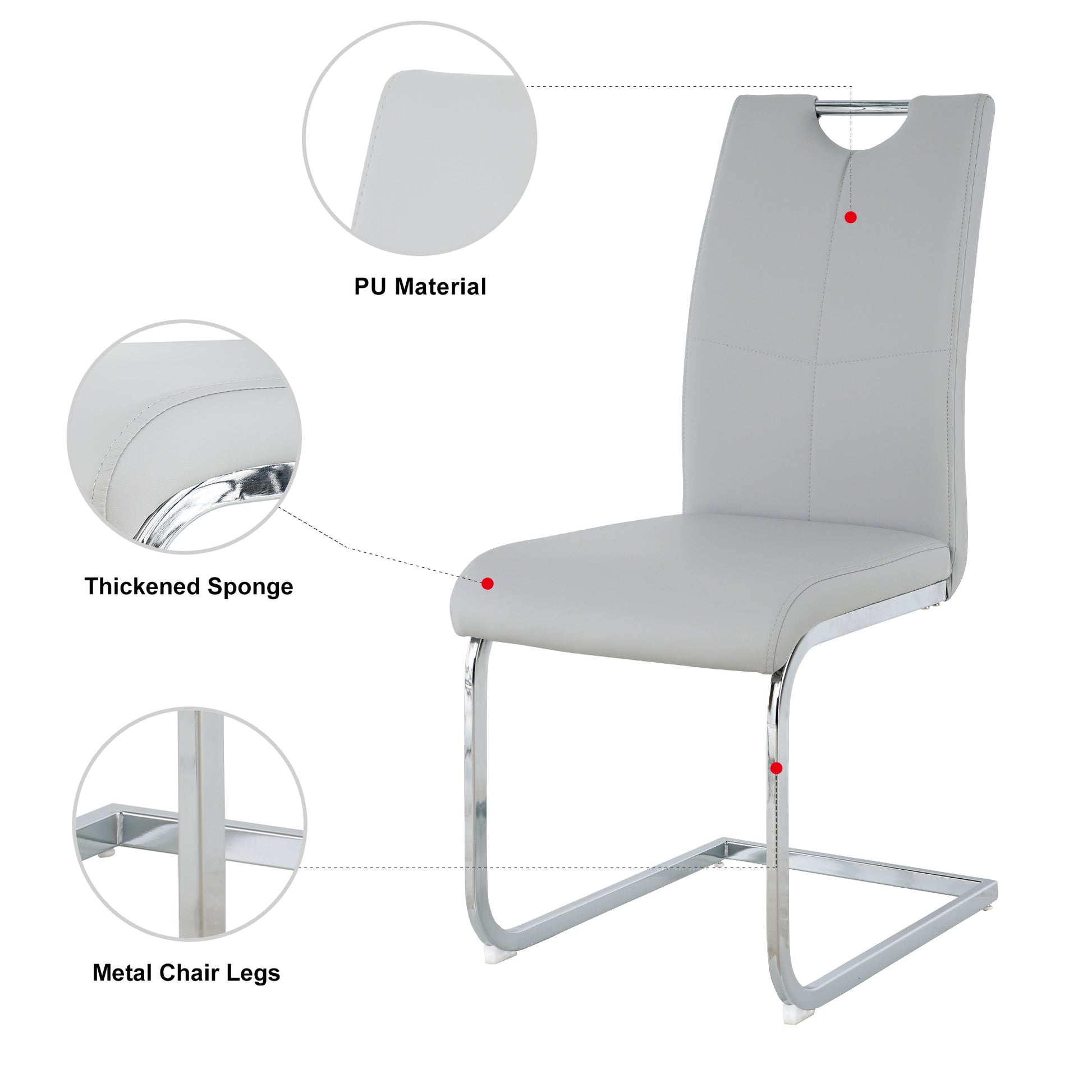 Light gray PU leather dining chair with sleek chrome sled legs