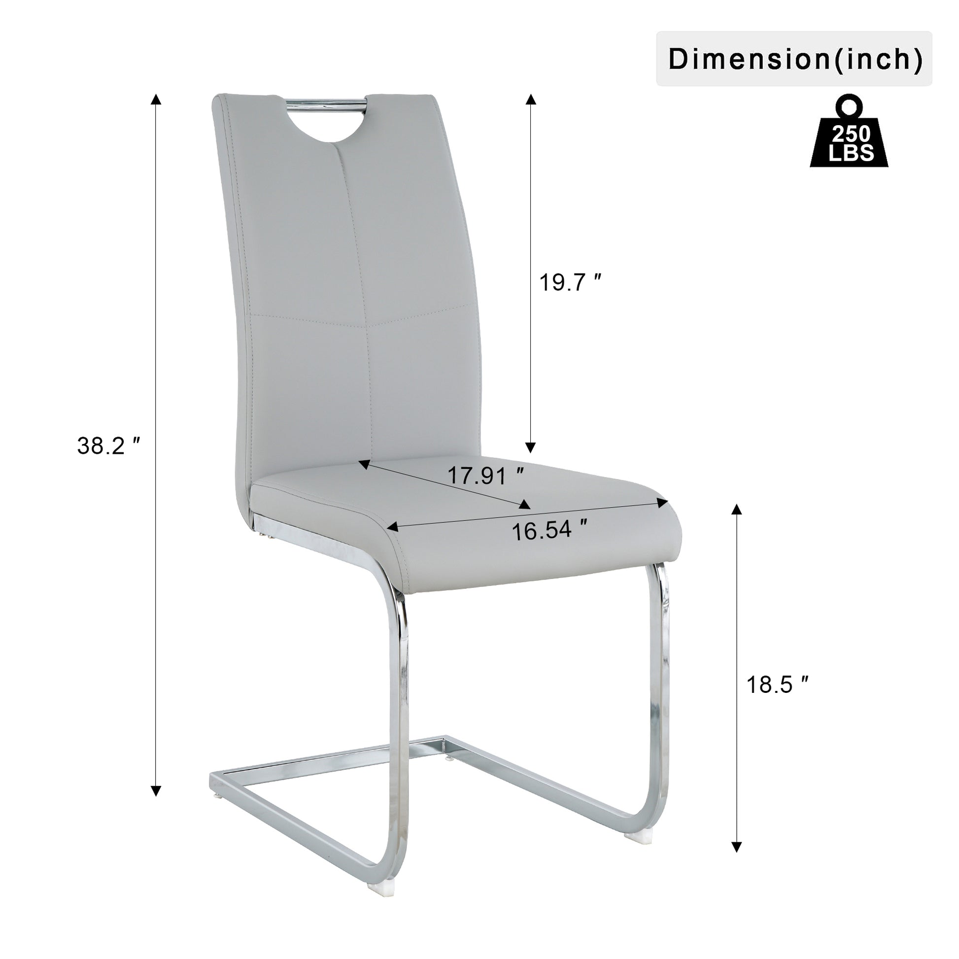 Modern grey upholstered dining chair with chrome cantilever base and detailed stitching