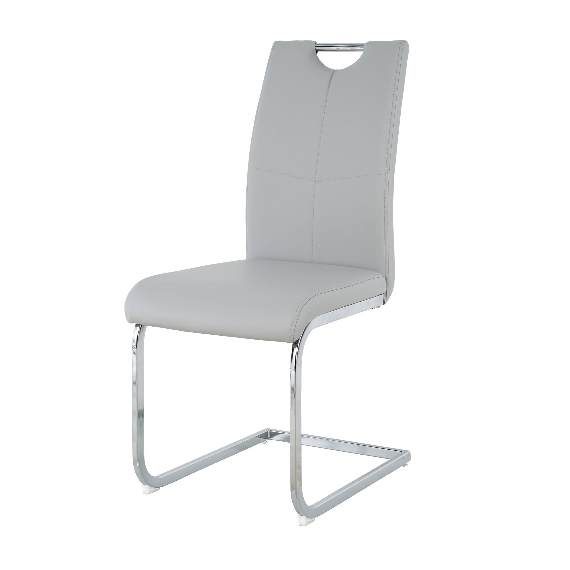 Modern grey faux leather dining chair with chrome sled base