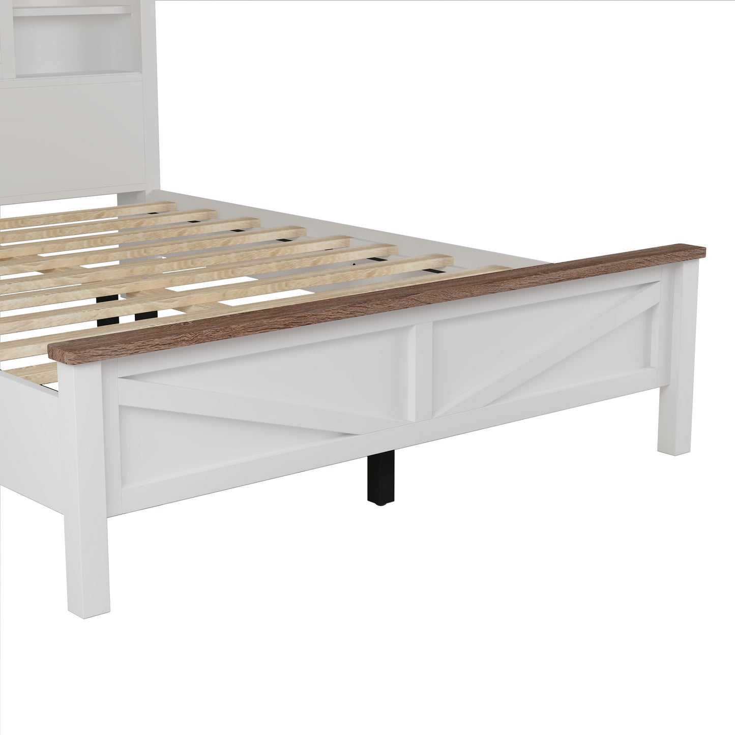White wood bed frame with rustic wood headboard detail and slatted base