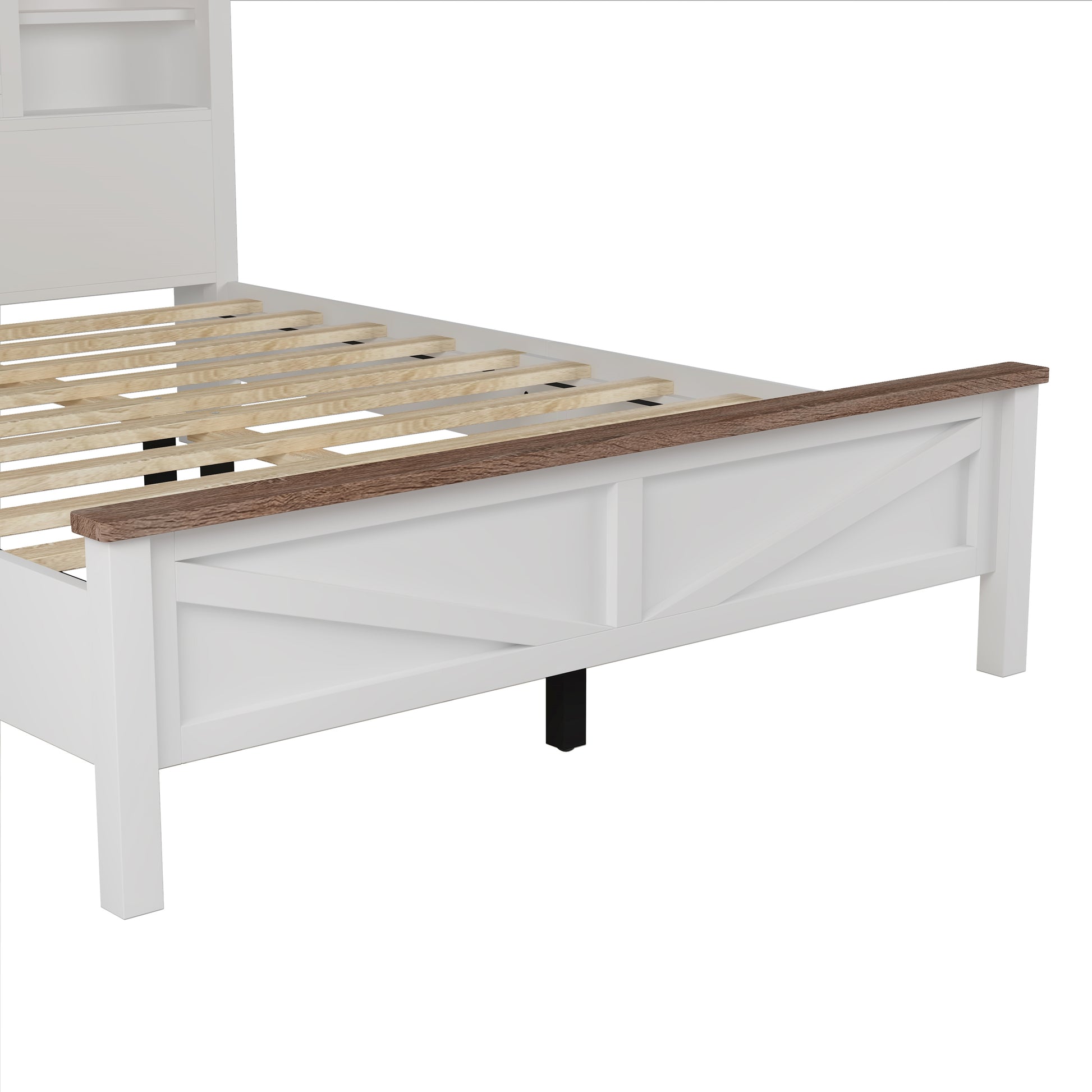 White wood bed frame with rustic wood headboard detail and slatted base